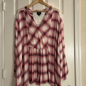 Stylish Pink and White Plaid Blouse with Lace by Apt. 9